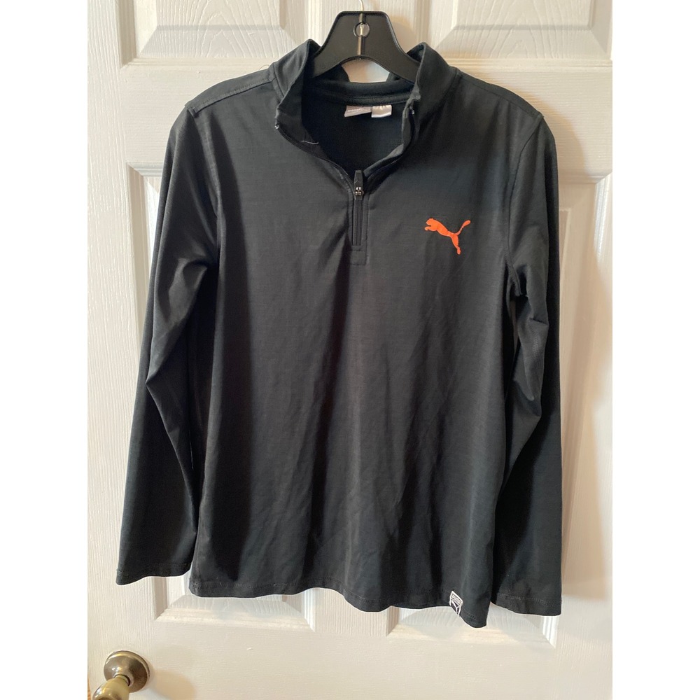 Puma Boys Large 14-16 Quarter Zip Pullover Black Orange Cat Logo Active Top